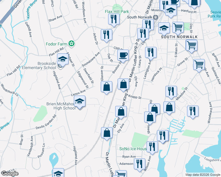 map of restaurants, bars, coffee shops, grocery stores, and more near 72 Bouton St in Norwalk