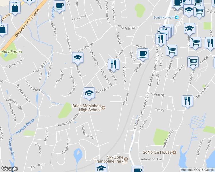 map of restaurants, bars, coffee shops, grocery stores, and more near 29 Lenox Avenue in Norwalk