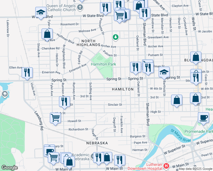 map of restaurants, bars, coffee shops, grocery stores, and more near 1326 West 4th Street in Fort Wayne
