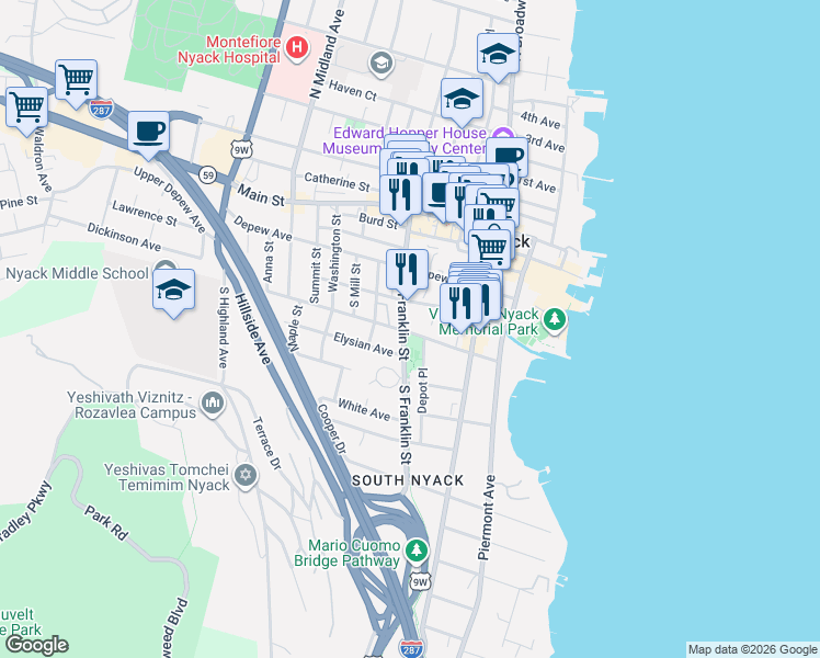map of restaurants, bars, coffee shops, grocery stores, and more near 83 South Franklin Street in Nyack