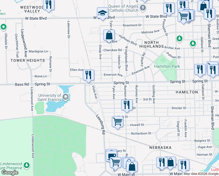 map of restaurants, bars, coffee shops, grocery stores, and more near 1916 West 4th Street in Fort Wayne