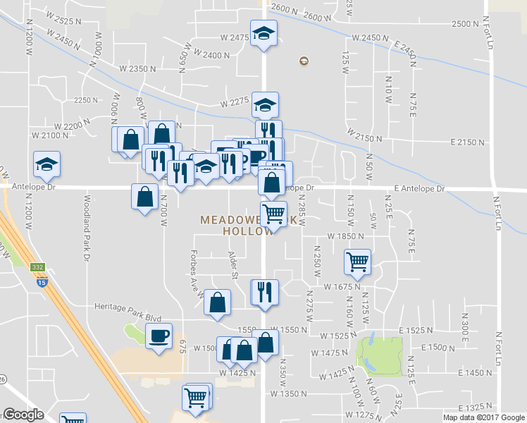 map of restaurants, bars, coffee shops, grocery stores, and more near 1945 North Hill Field Road in Layton