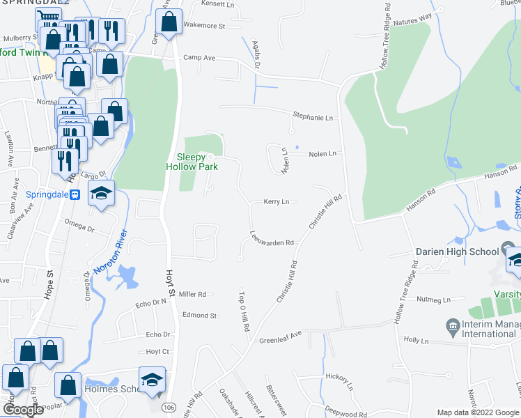 map of restaurants, bars, coffee shops, grocery stores, and more near 3 Kerry Lane in Darien
