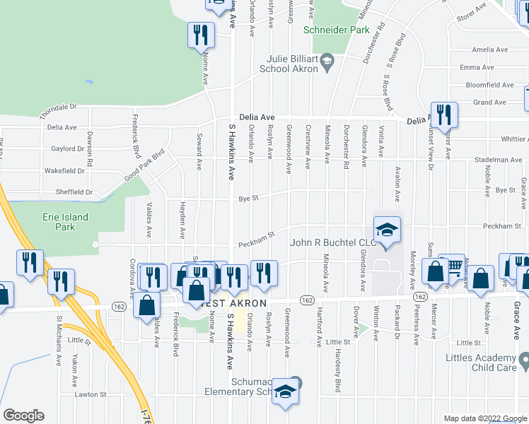 map of restaurants, bars, coffee shops, grocery stores, and more near 745 Roslyn Avenue in Akron