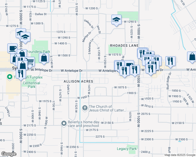 map of restaurants, bars, coffee shops, grocery stores, and more near 1283 West 1700 South in Syracuse