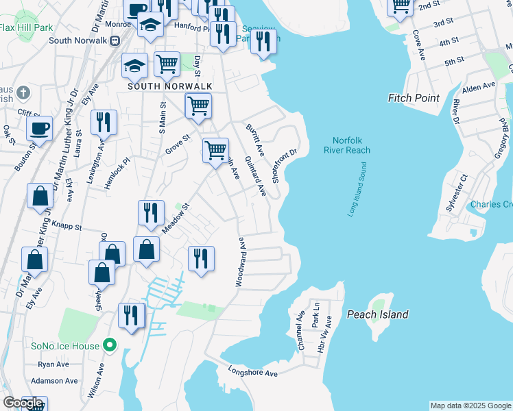 map of restaurants, bars, coffee shops, grocery stores, and more near 55 Quintard Avenue in Norwalk