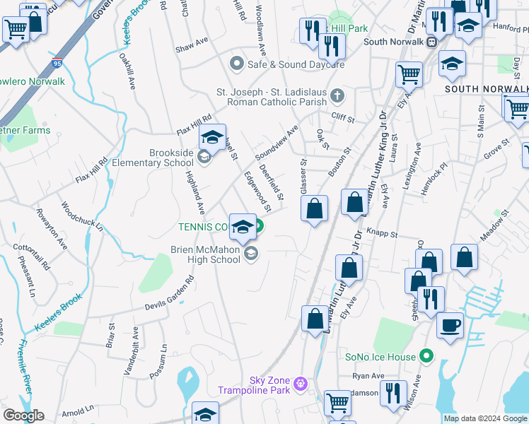 map of restaurants, bars, coffee shops, grocery stores, and more near 29 Lenox Avenue in Norwalk