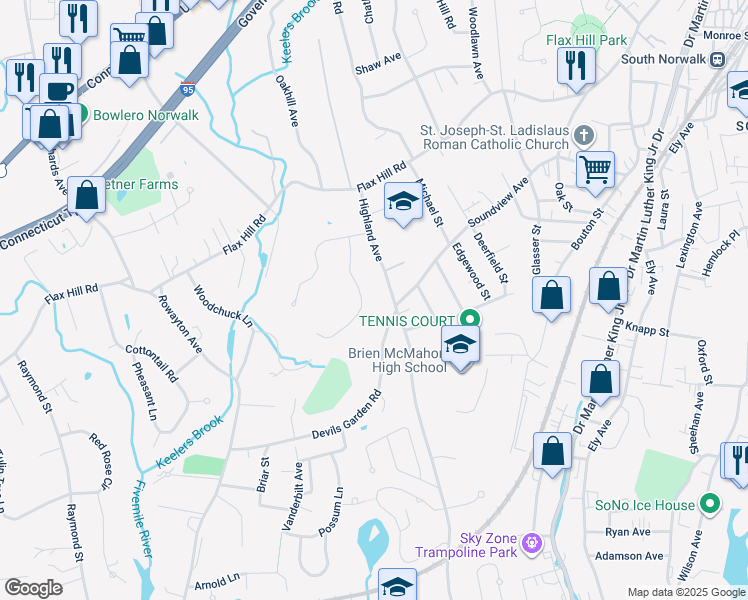 map of restaurants, bars, coffee shops, grocery stores, and more near 5 Hollow Spring Road in Norwalk