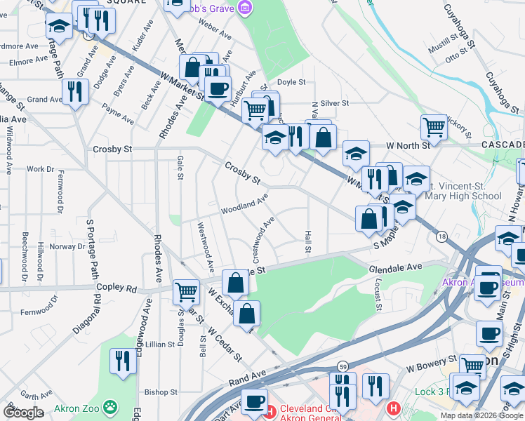 map of restaurants, bars, coffee shops, grocery stores, and more near 426 Woodland Avenue in Akron