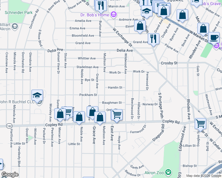 map of restaurants, bars, coffee shops, grocery stores, and more near 904 Hamlin Street in Akron
