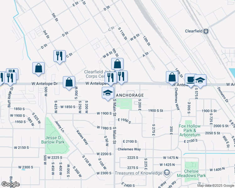 map of restaurants, bars, coffee shops, grocery stores, and more near 25 East 1800 South in Clearfield