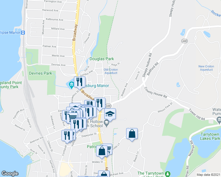 map of restaurants, bars, coffee shops, grocery stores, and more near 26 Maple Street in Sleepy Hollow
