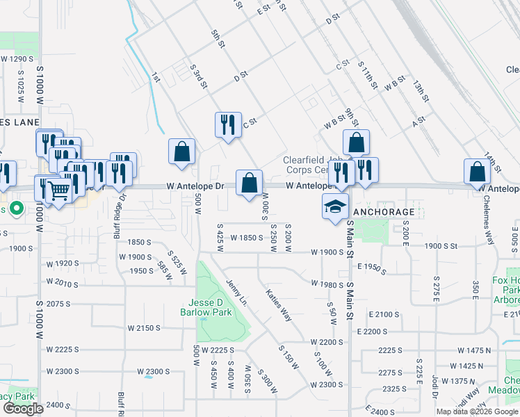 map of restaurants, bars, coffee shops, grocery stores, and more near 325 Antelope Drive in Layton