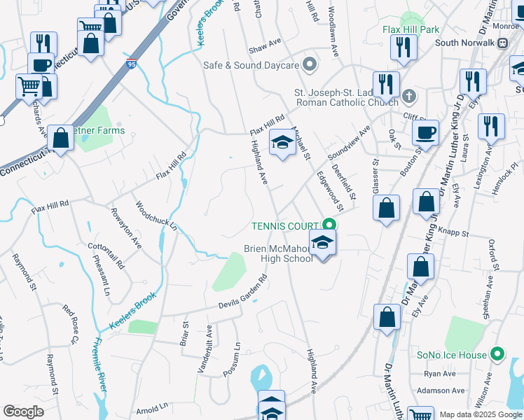map of restaurants, bars, coffee shops, grocery stores, and more near 5 Hollow Spring Road in Norwalk