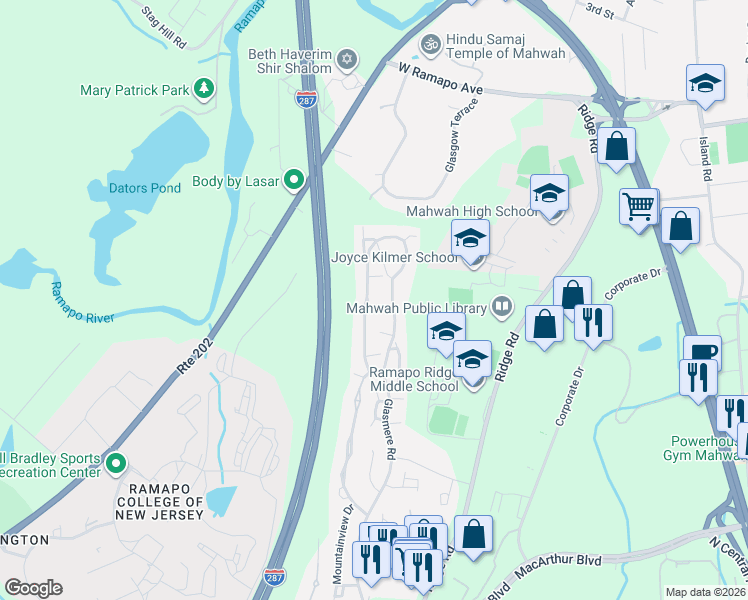 map of restaurants, bars, coffee shops, grocery stores, and more near 402 Green Mountain Road in Mahwah