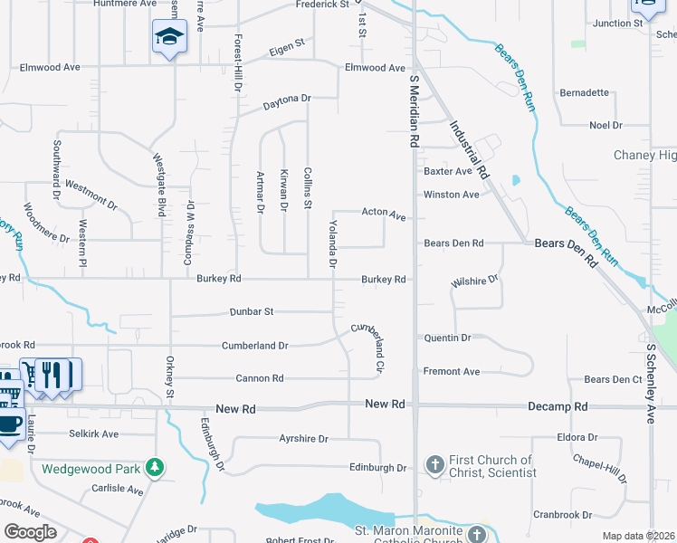 map of restaurants, bars, coffee shops, grocery stores, and more near 3710 Burkey Road in Youngstown