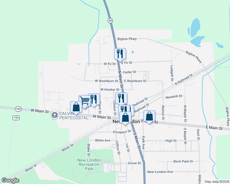 map of restaurants, bars, coffee shops, grocery stores, and more near 11 West Hooker Street in New London