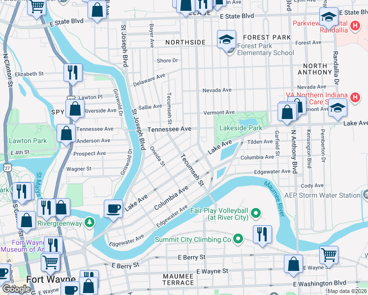 map of restaurants, bars, coffee shops, grocery stores, and more near 1203 Rivermet Avenue in Fort Wayne