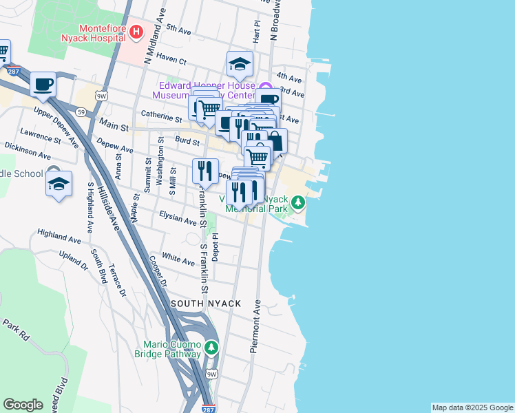 map of restaurants, bars, coffee shops, grocery stores, and more near 19 Hudson Avenue in Nyack