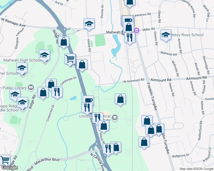 map of restaurants, bars, coffee shops, grocery stores, and more near 68 West Airmount Road in Mahwah