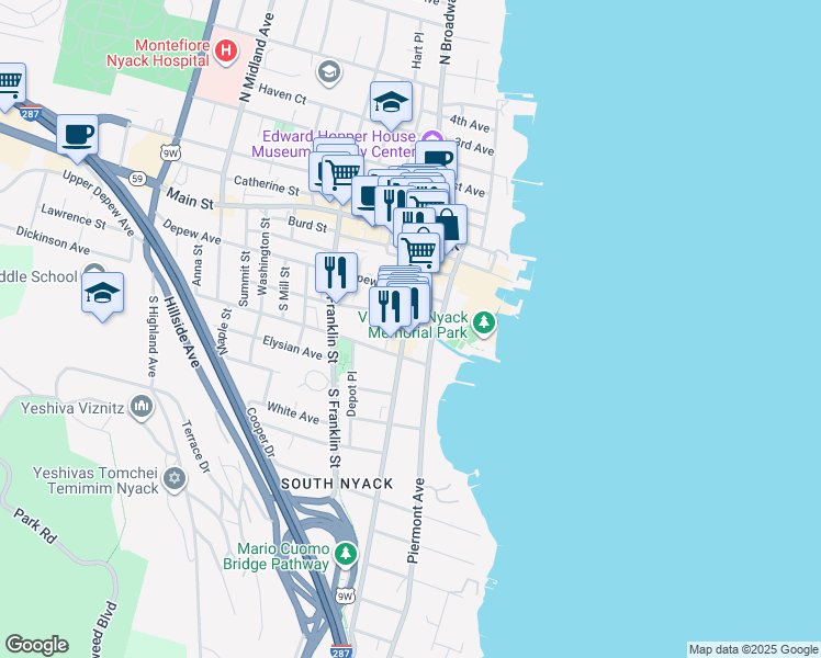 map of restaurants, bars, coffee shops, grocery stores, and more near 19 Hudson Avenue in Nyack