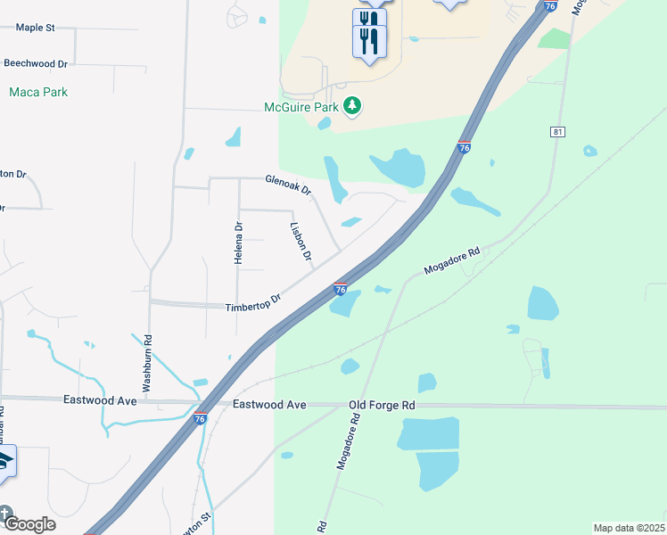 map of restaurants, bars, coffee shops, grocery stores, and more near 1408 Timbertop Drive in Tallmadge