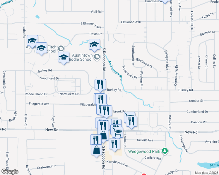 map of restaurants, bars, coffee shops, grocery stores, and more near 4294 Burkey Road in Youngstown