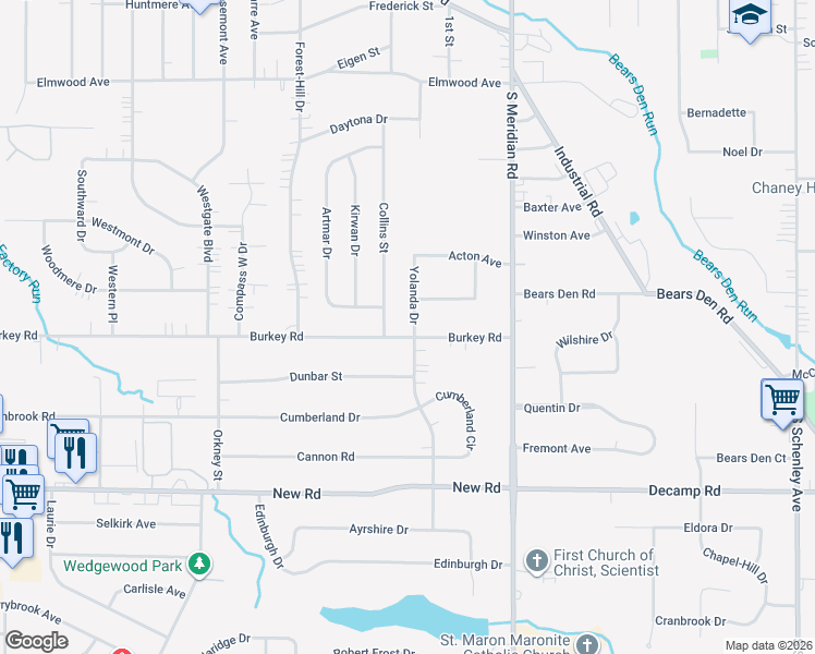map of restaurants, bars, coffee shops, grocery stores, and more near 3710 Burkey Road in Youngstown