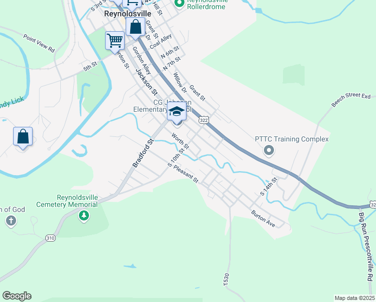 map of restaurants, bars, coffee shops, grocery stores, and more near 1001 Worth Street in Reynoldsville