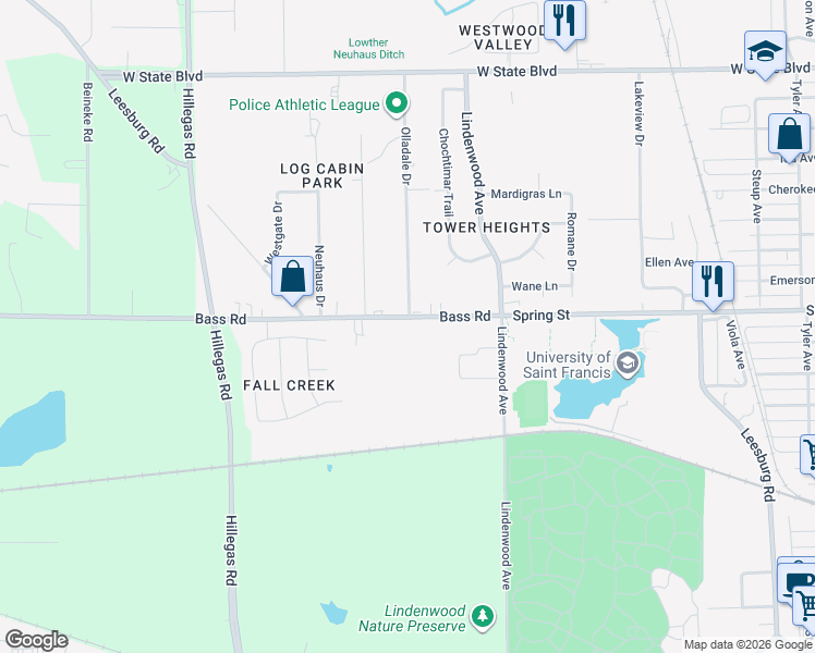 map of restaurants, bars, coffee shops, grocery stores, and more near 3403 Bass Road in Fort Wayne