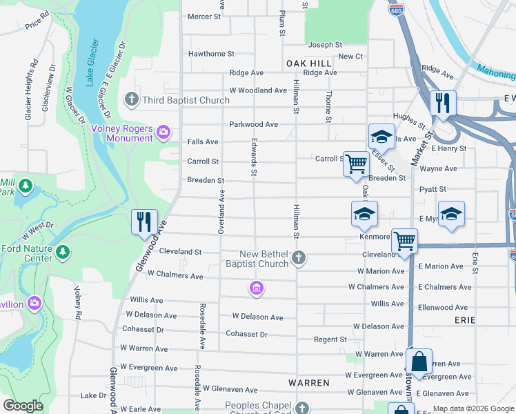 map of restaurants, bars, coffee shops, grocery stores, and more near 410 West Myrtle Avenue in Youngstown