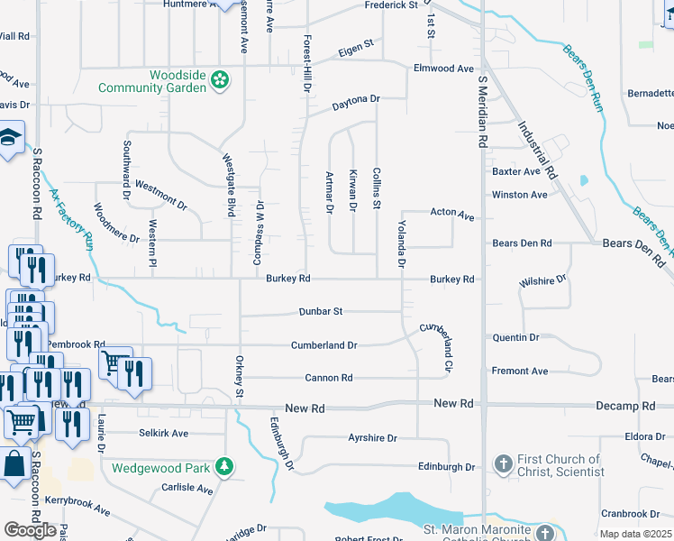 map of restaurants, bars, coffee shops, grocery stores, and more near 3866 Burkey Road in Youngstown