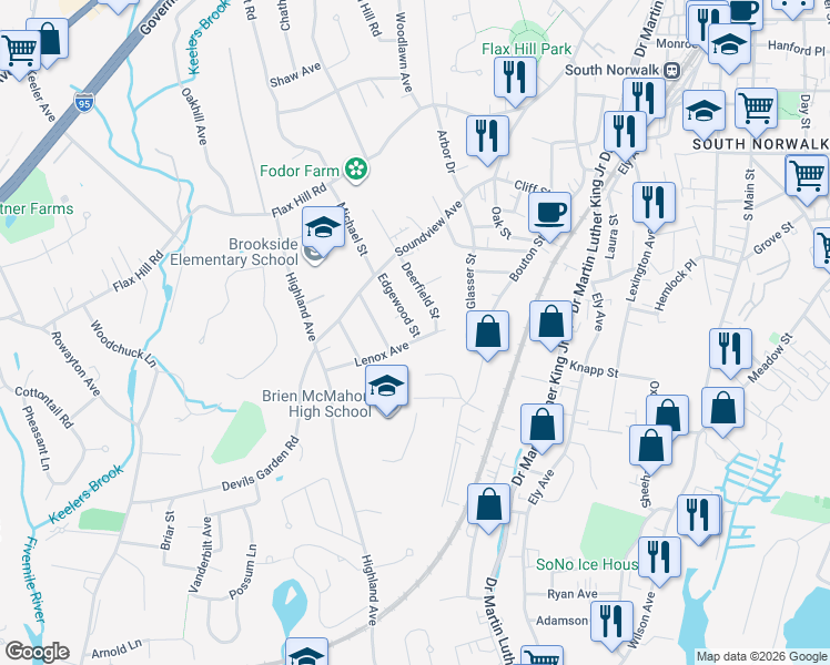 map of restaurants, bars, coffee shops, grocery stores, and more near 29 Lenox Avenue in Norwalk