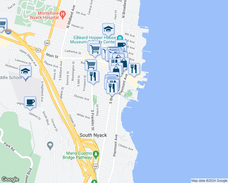 map of restaurants, bars, coffee shops, grocery stores, and more near 19 Hudson Avenue in Nyack