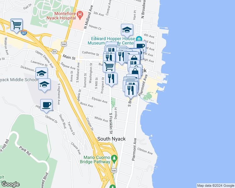 map of restaurants, bars, coffee shops, grocery stores, and more near 45 Hudson Avenue in Nyack