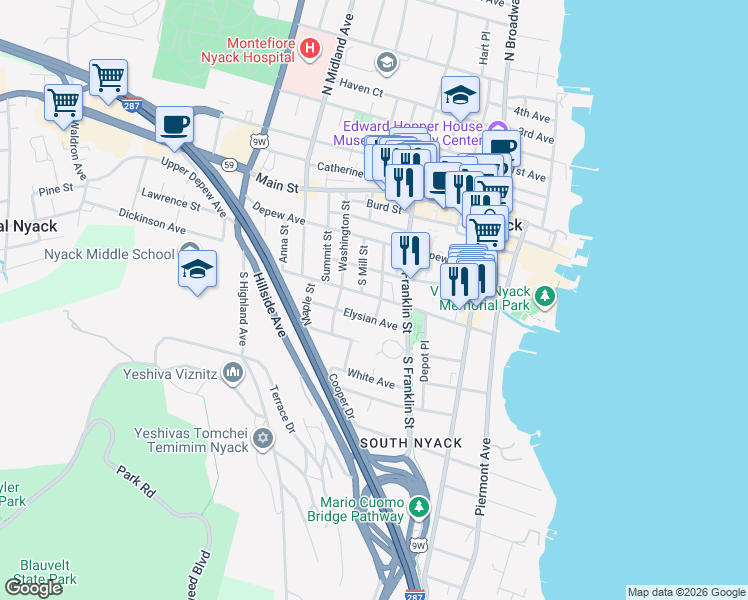 map of restaurants, bars, coffee shops, grocery stores, and more near 83 Cedar Hill Avenue in Nyack