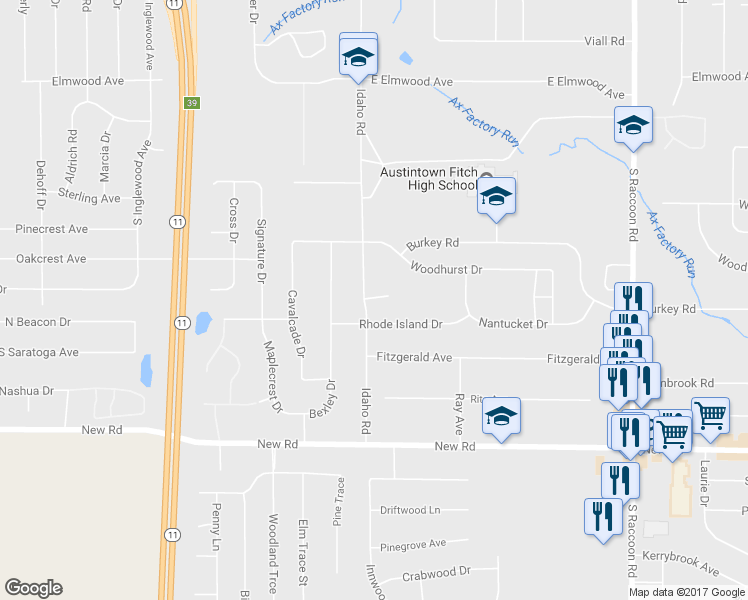 map of restaurants, bars, coffee shops, grocery stores, and more near 4663 New Hampshire Court in Youngstown