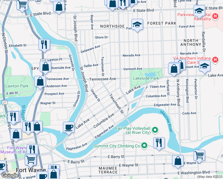 map of restaurants, bars, coffee shops, grocery stores, and more near 1203 Rivermet Avenue in Fort Wayne