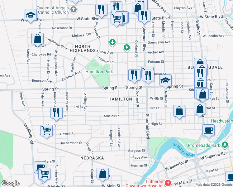 map of restaurants, bars, coffee shops, grocery stores, and more near 1218 West 4th Street in Fort Wayne