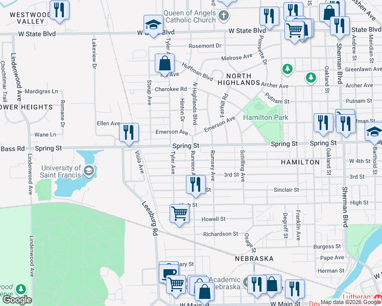 map of restaurants, bars, coffee shops, grocery stores, and more near 1724 West 4th Street in Fort Wayne