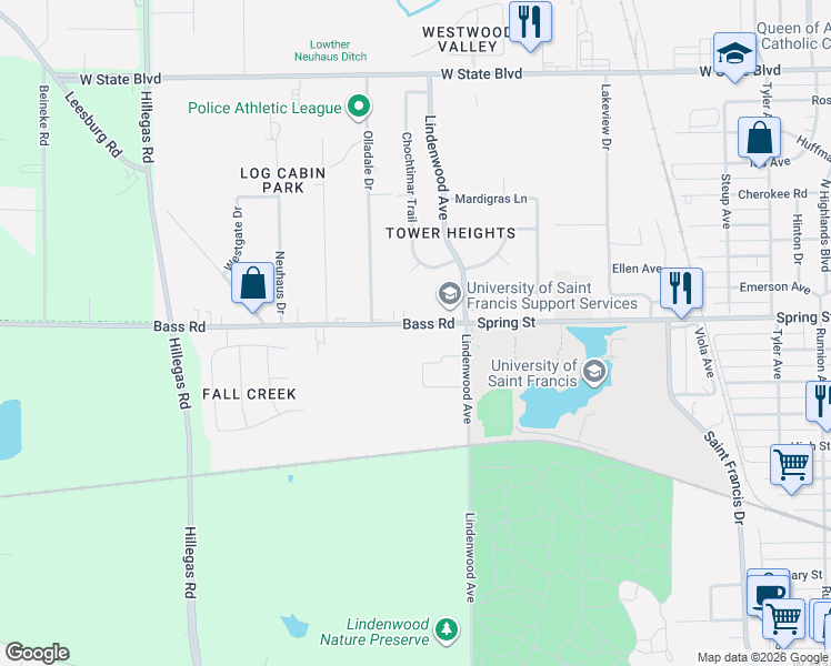 map of restaurants, bars, coffee shops, grocery stores, and more near 3235 Bass Road in Fort Wayne