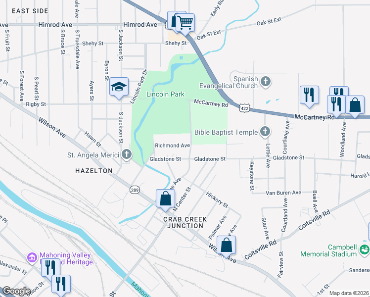 map of restaurants, bars, coffee shops, grocery stores, and more near 1751 Richmond Avenue in Youngstown