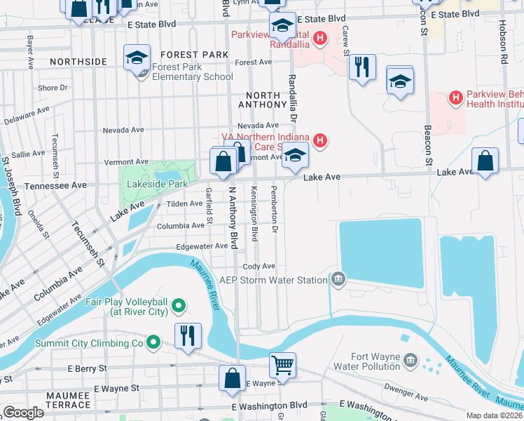 map of restaurants, bars, coffee shops, grocery stores, and more near 1315 Pemberton Drive in Fort Wayne