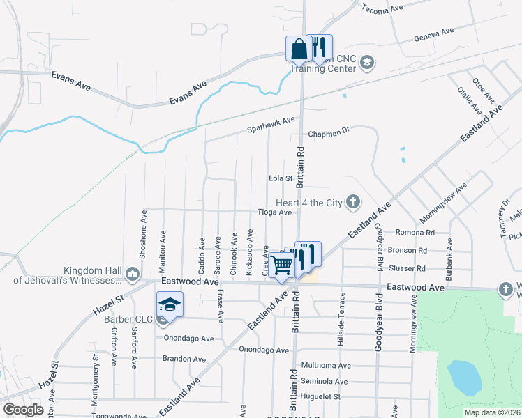 map of restaurants, bars, coffee shops, grocery stores, and more near 1375 Tioga Avenue in Akron