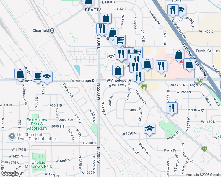 map of restaurants, bars, coffee shops, grocery stores, and more near 2054 Mark Street in Layton