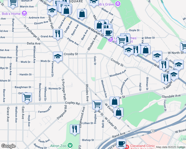map of restaurants, bars, coffee shops, grocery stores, and more near 183 Gale Street in Akron