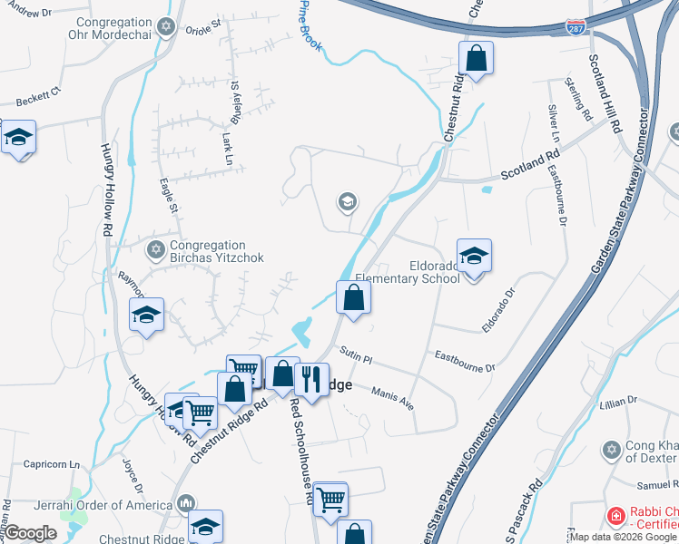 map of restaurants, bars, coffee shops, grocery stores, and more near 711-747 Chestnut Ridge Road in Chestnut Ridge