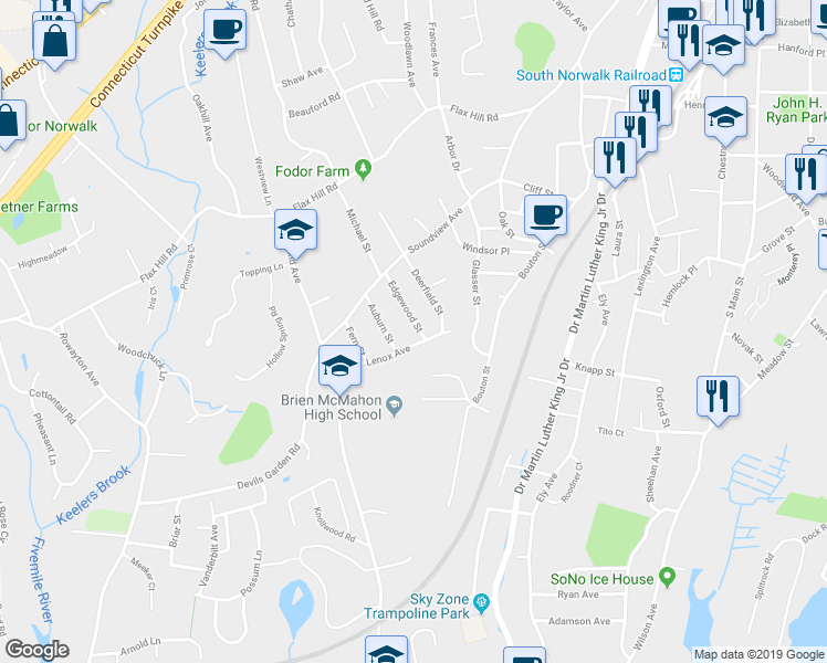 map of restaurants, bars, coffee shops, grocery stores, and more near 28 Edgewood Street in Norwalk