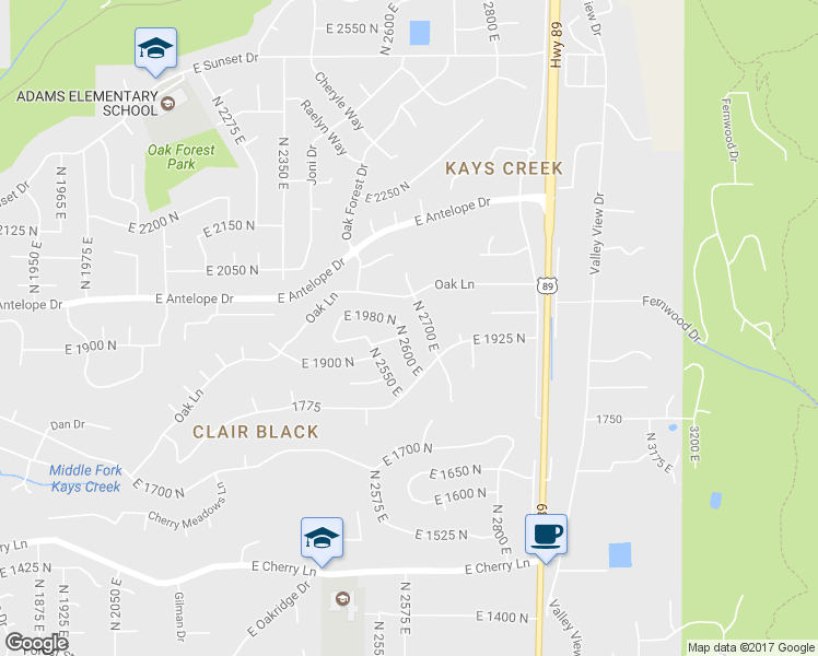 map of restaurants, bars, coffee shops, grocery stores, and more near 1954 North 2600 East in Layton