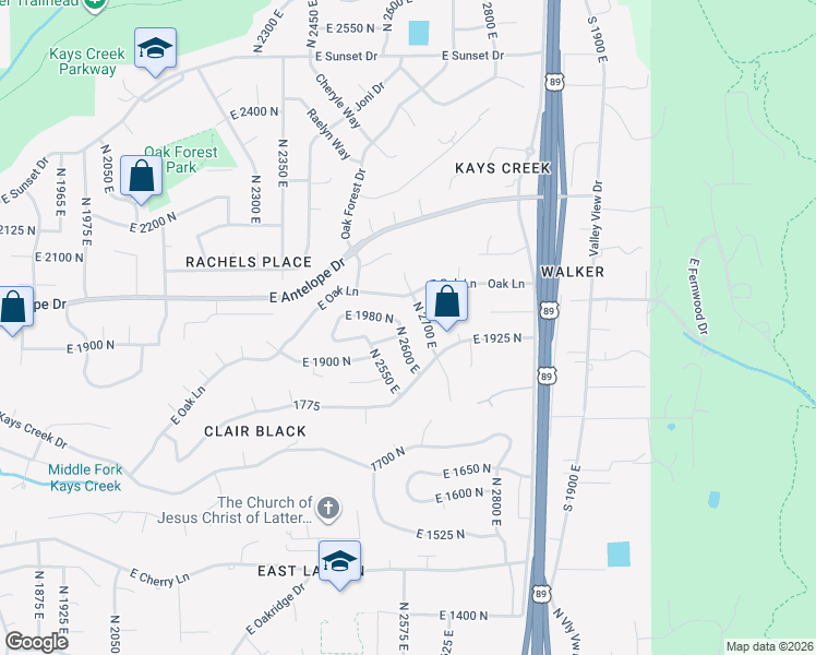 map of restaurants, bars, coffee shops, grocery stores, and more near 1954 North 2600 East in Layton